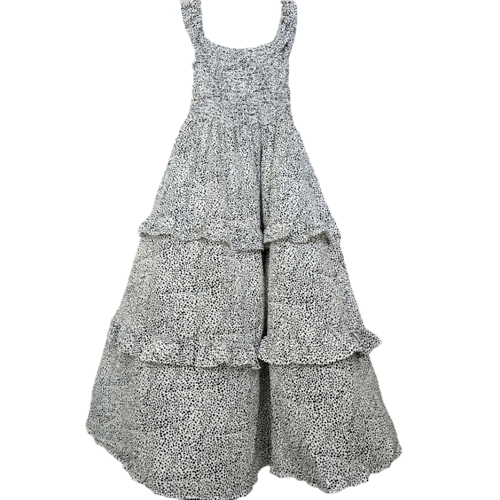 Belinda Off Shoulder White/Black Abstract Animal Print Ruffle Tiered Maxidress